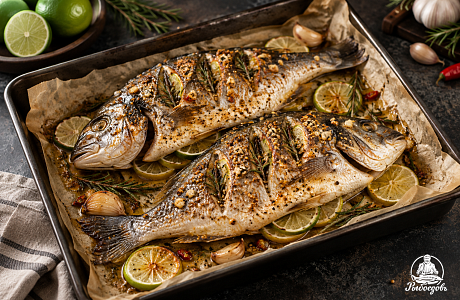 Дорадо в духовке с чесноком, лаймом, розмарином и семенами горчицы
