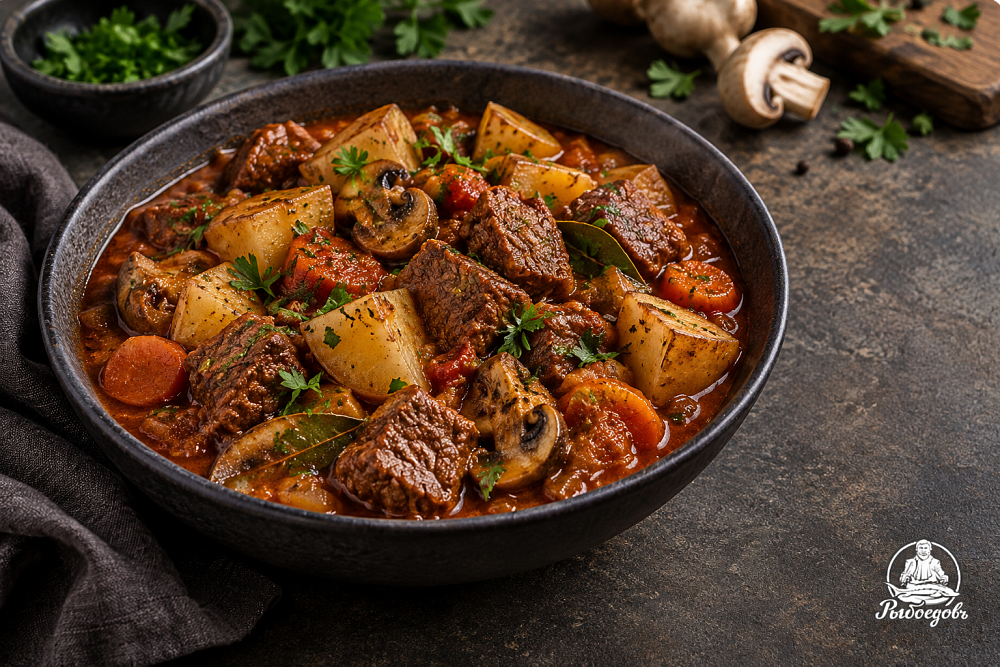 Гуляш с картофелем, говядиной и грибами