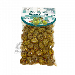 Оливки зелёные Халкидики с косточкой маринованые с Орегано Тимьяном и Сладким Перцем 250гр