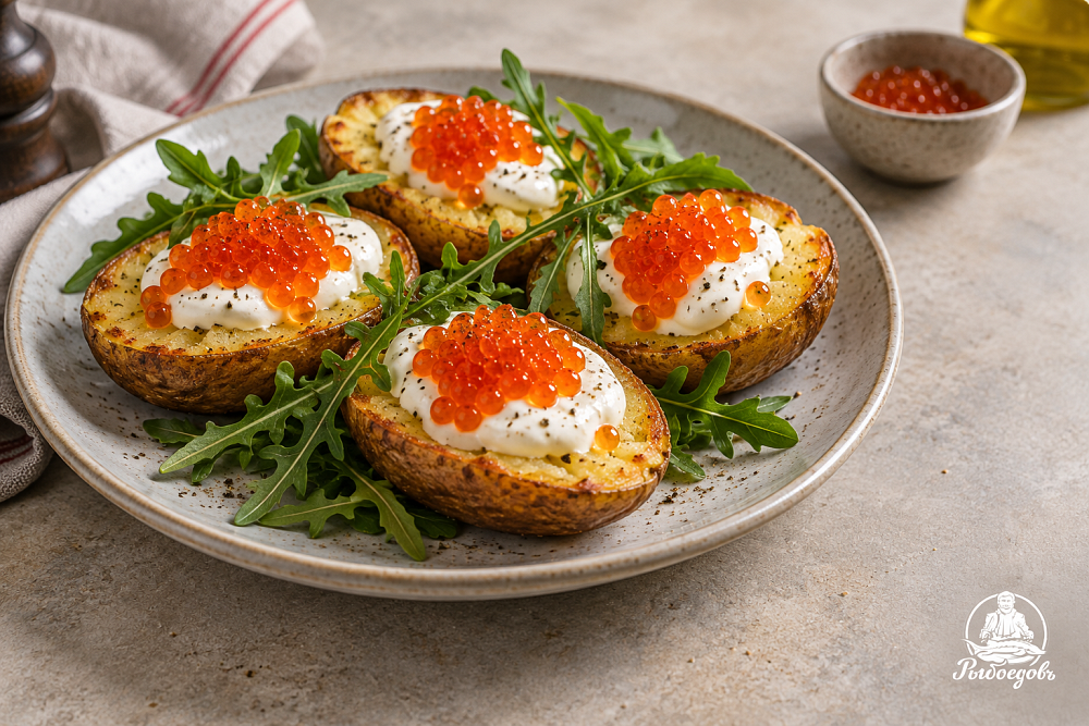 Запечённый картофель с красной икрой и сметаной