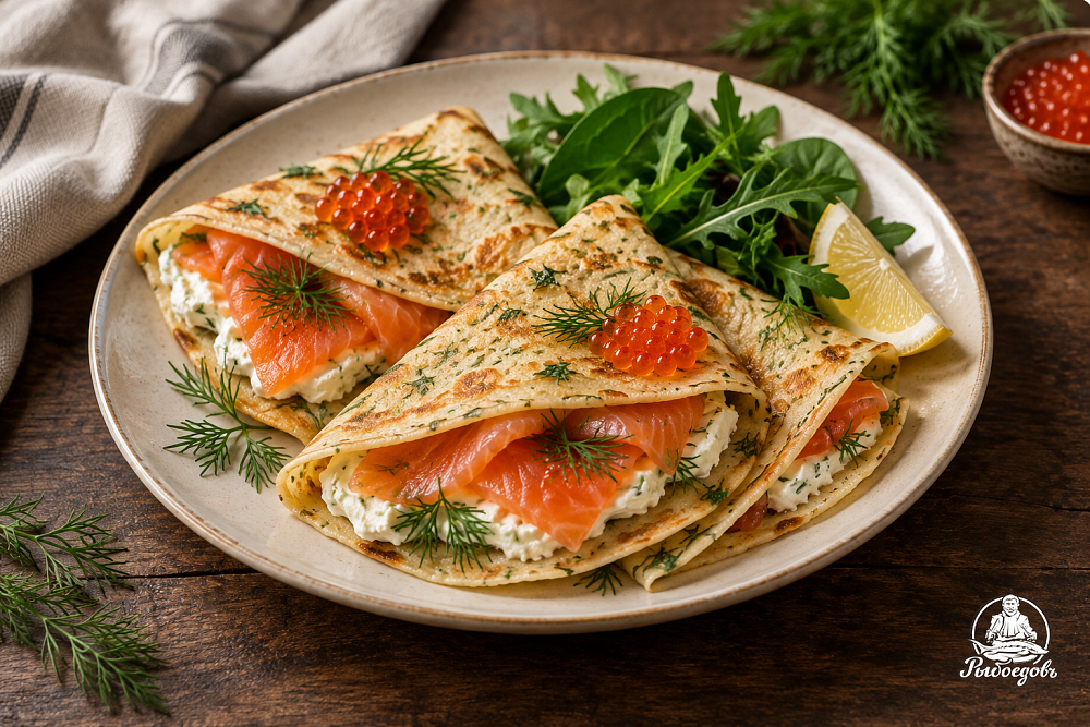 Блины с зеленью, сливочным сыром и сёмгой