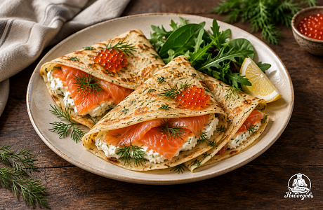 Блины с зеленью, сливочным сыром и сёмгой