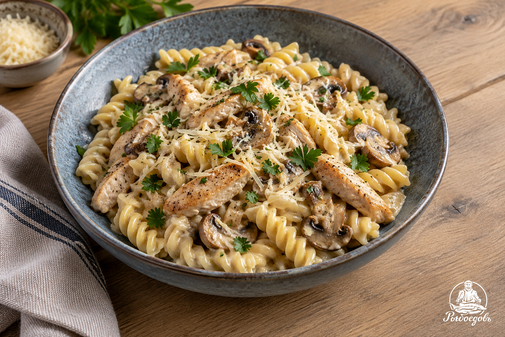 Паста с грибами и куриной грудкой