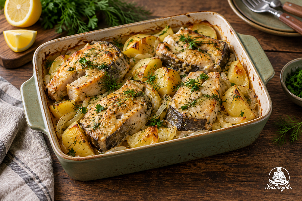 Сом запеченный кусочками